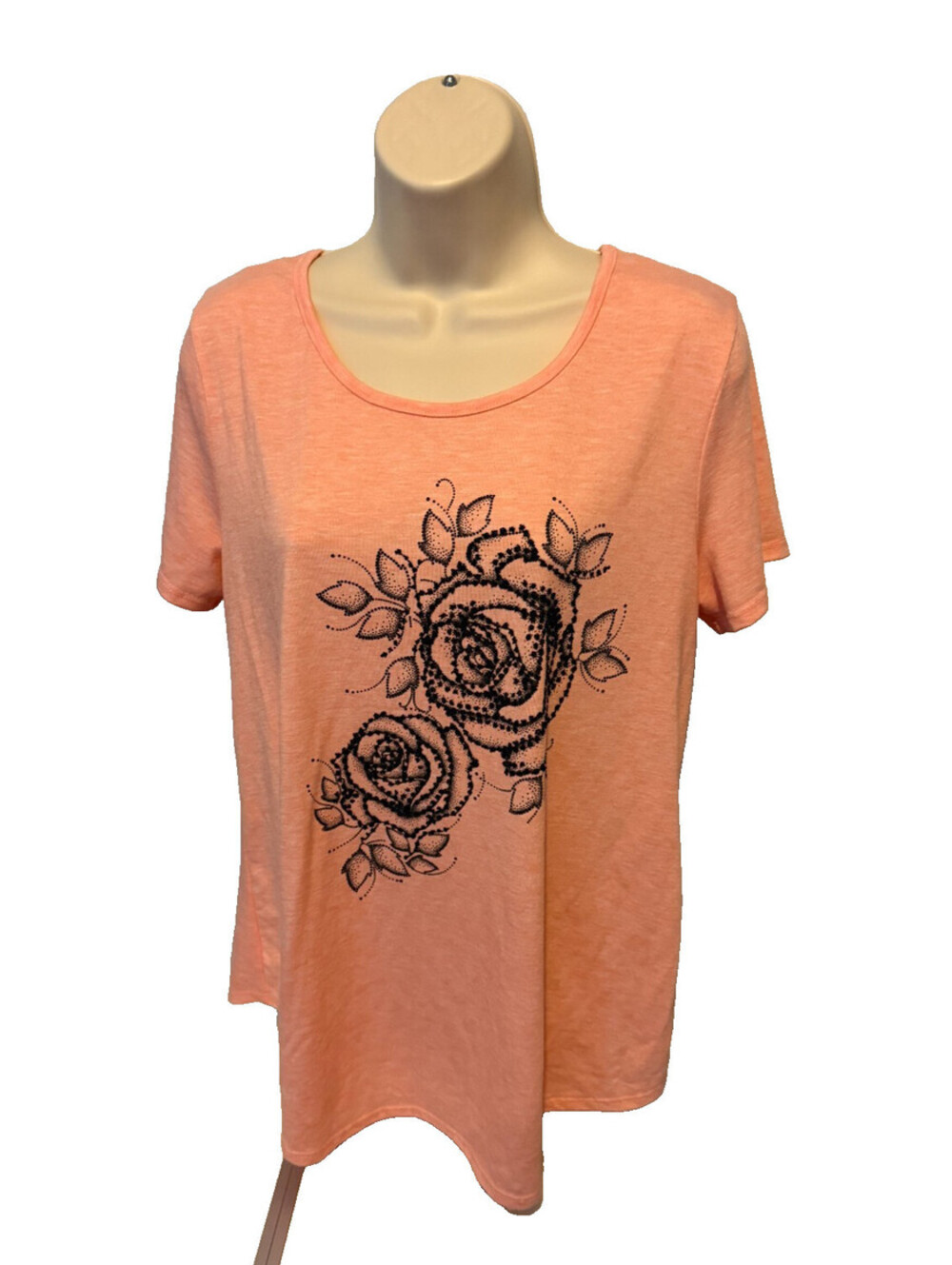Rue Juju Women L Light Orange/Black Roses Print Soft Short Sleeve Top